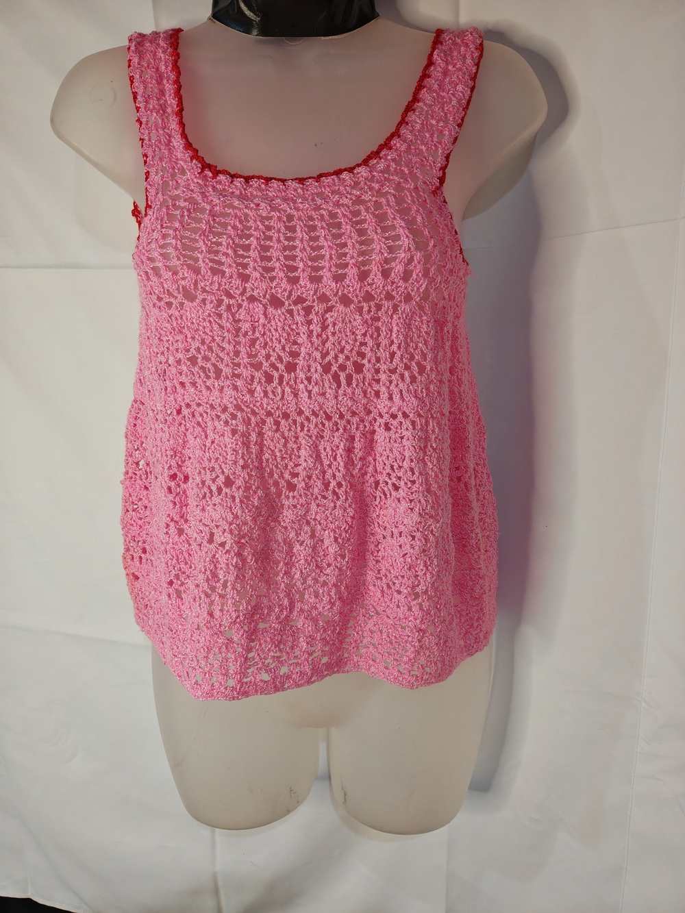 Women's Pink Crochet Tank Top with Contrast Trim